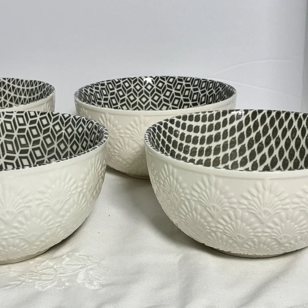 6 Stoneware Bowls Geometric Floral Embossed Boho Modern Farmhouse Scandi Style